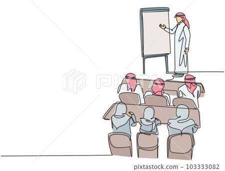 Single continuous line drawing of young muslim businessman do strategy presentation while company team meeting. Arab middle east cloth shmagh, thawb, robe. One line draw design vector illustration 103333082