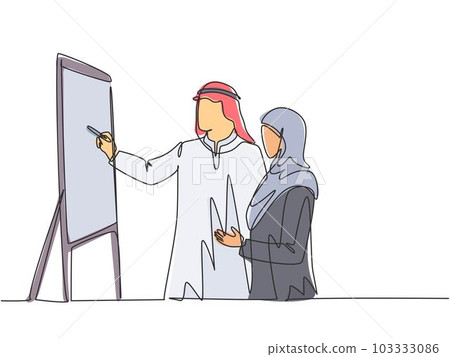 Single continuous line drawing of young muslim manager do presentation to explain job of new assistant. Arab middle east cloth shmagh, kandura, thawb, robe. One line draw design vector illustration 103333086