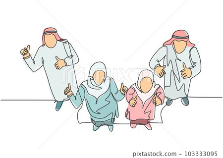 One continuous line drawing of young muslim businessman and businesswoman give thumb up gesture to audience. Islamic clothing kandura, scarf, keffiyeh. Single line draw design vector illustration One continuous line drawing of young muslim businessman and businesswoman give thumb up gesture to audience. Islamic clothing kandura, scarf, keffiyeh. Single line draw design vector illustration 103333095