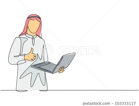 Single continuous line drawing of young muslim businessman holding laptop on his hand and give thumbs up gesture. Arab middle east cloth kandura, thawb, robe. One line draw design vector illustration 103333117