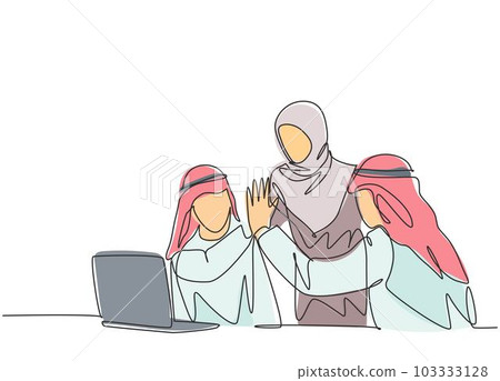 One single line drawing of young happy muslim marketer giving high five to his partner. Saudi Arabia businessmen with shmag, kandora, headscarf, thobe. Continuous line draw design vector illustration One single line drawing of young happy muslim marketer giving high five to his partner. Saudi Arabia businessmen with shmag, kandora, headscarf, thobe. Continuous line draw design vector illustration 103333128
