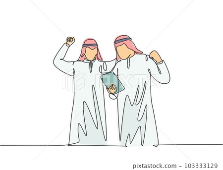 One single line drawing of young happy muslim sales manager celebrate success while watch gadget. Saudi Arabian with kandora, headscarf, thobe, ghutra. Continuous line draw design vector illustration One single line drawing of young happy muslim sales manager celebrate success while watch gadget. Saudi Arabian with kandora, headscarf, thobe, ghutra. Continuous line draw design vector illustration 103333129