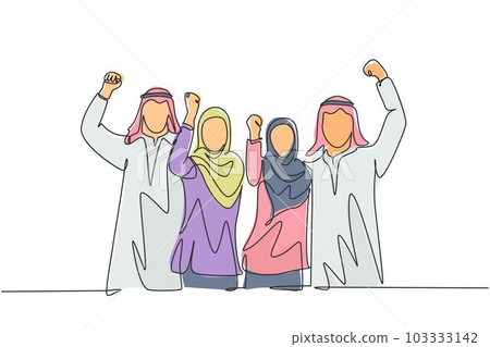 Single continuous line drawing of young muslim business people celebrate the project deal. Arab middle east businessmen with shmagh, kandura, thawb robe cloth. One line draw design vector illustration Single continuous line drawing of young muslim business people celebrate the project deal. Arab middle east businessmen with shmagh, kandura, thawb robe cloth. One line draw design vector illustration 103333142
