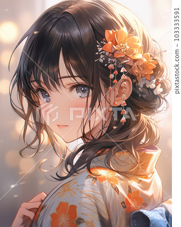 A woman in a yukata who changes the fireworks to the background 103333591