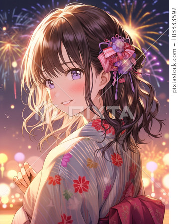 A woman in a yukata who changes the fireworks to the background 103333592