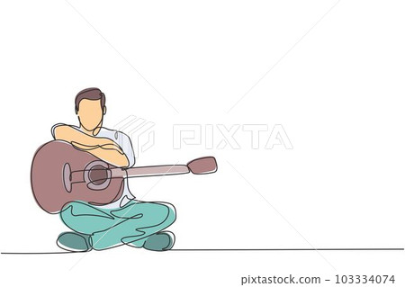 One continuous line drawing of young happy male guitarist posing after playing acoustic guitar. Dynamic musician artist performance concept single line graphic draw design vector illustration 103334074