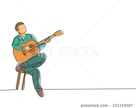 One single line drawing of young happy male guitarist playing acoustic guitar while sitting on chair. Modern musician artist performance concept continuous line draw design vector illustration graphic One single line drawing of young happy male guitarist playing acoustic guitar while sitting on chair. Modern musician artist performance concept continuous line draw design vector illustration graphic 103334087