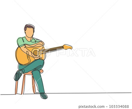 Single continuous line drawing of young happy male guitarist sitting after playing acoustic guitar on chair. Trendy musician artist performance concept one line graphic draw design vector illustration Single continuous line drawing of young happy male guitarist sitting after playing acoustic guitar on chair. Trendy musician artist performance concept one line graphic draw design vector illustration 103334088