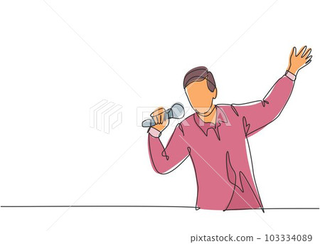 Single continuous line drawing of young happy male pop singer holding microphone and singing on concert stage. Musician artist performance concept one line draw design vector illustration Single continuous line drawing of young happy male pop singer holding microphone and singing on concert stage. Musician artist performance concept one line draw design vector illustration 103334089