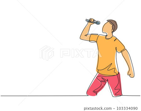 One single line drawing of young happy male rocker singer holding microphone and singing on music concert stage. Musician artist performance concept continuous line draw design vector illustration One single line drawing of young happy male rocker singer holding microphone and singing on music concert stage. Musician artist performance concept continuous line draw design vector illustration 103334090