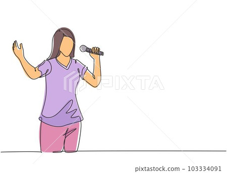 One continuous line drawing of young happy female singer holding a microphone and singing on music festival. Musician artist performance concept single line draw design graphic vector illustration One continuous line drawing of young happy female singer holding a microphone and singing on music festival. Musician artist performance concept single line draw design graphic vector illustration 103334091