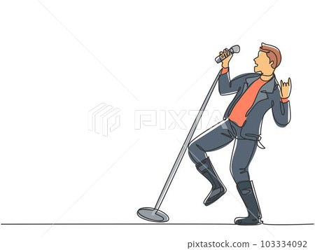 One single line drawing of young happy male rocker singer holding microphone and singing on concert stage. Musician artist performance concept continuous line draw design graphic vector illustration One single line drawing of young happy male rocker singer holding microphone and singing on concert stage. Musician artist performance concept continuous line draw design graphic vector illustration 103334092