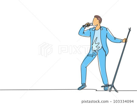 Single continuous line drawing of young happy male pop singer holding microphone and singing on music festival stage. Musician artist performance concept one line draw design vector illustration Single continuous line drawing of young happy male pop singer holding microphone and singing on music festival stage. Musician artist performance concept one line draw design vector illustration 103334094