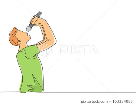 Single continuous line drawing of young happy male rocker singer holding microphone and singing on music festival stage. Musician artist performance concept one line draw design vector illustration 103334095