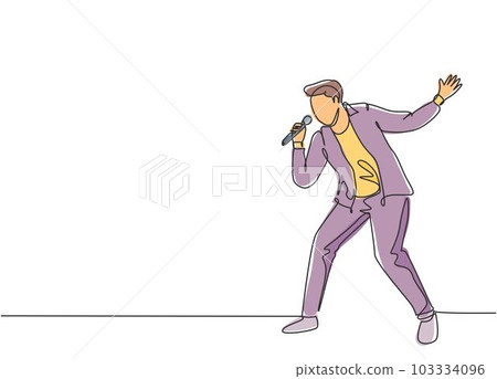 Single continuous line drawing of young happy male pop singer holding microphone and singing on music concert stage. Trendy musician artist performance concept one line draw design vector illustration Single continuous line drawing of young happy male pop singer holding microphone and singing on music concert stage. Trendy musician artist performance concept one line draw design vector illustration 103334096