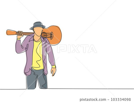 One single line drawing of young happy male guitarist standing while put the guitar on his shoulder. Trendy musician artist performance concept continuous line graphic draw design vector illustration 103334098