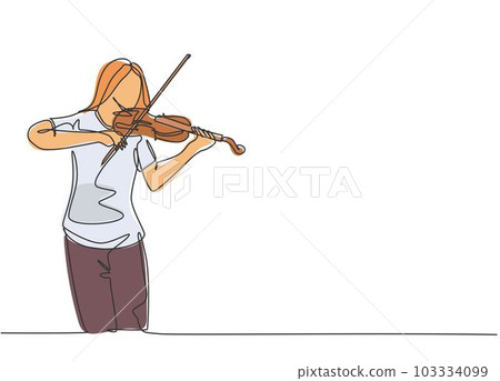 One continuous line drawing of young happy female violinist performing to play violin on music festival concert. Musician artist performance concept single line draw design graphic vector illustration One continuous line drawing of young happy female violinist performing to play violin on music festival concert. Musician artist performance concept single line draw design graphic vector illustration 103334099