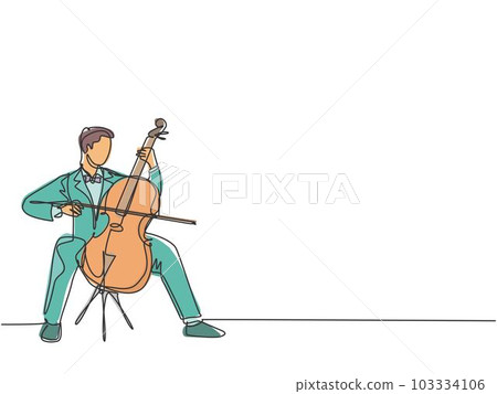 One single line drawing of young happy male cellist performing to play cello on classical orchestra concert. Musician artist performance concept continuous line graphic draw design vector illustration 103334106