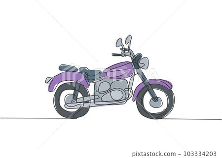 Single continuous line drawing of old classic vintage motorcycle symbol. Retro motorbike transportation concept one line draw graphic design vector illustration 103334203