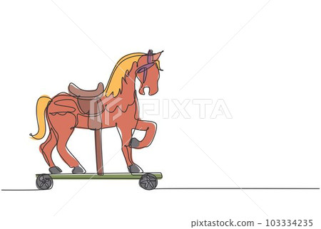 One continuous line drawing of retro old vintage wooden horse toy. Classic toy kids with wood wheel concept single line draw design vector graphic illustration 103334235