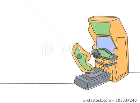 Single continuous line drawing of retro old classic wheel car racing video game machine. Vintage arcade game item concept one line draw design vector graphic illustration Single continuous line drawing of retro old classic wheel car racing video game machine. Vintage arcade game item concept one line draw design vector graphic illustration 103334240