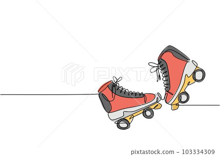 One single line drawing of pair of old retro plastic quad roller skate shoes. Vintage classic extreme sport concept continuous line draw design vector graphic illustration 103334309