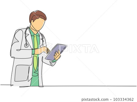 One single line drawing of young male doctor pose standing to read a journal health and medical record on tablet. Medical health care research concept continuous line draw design vector illustration 103334362
