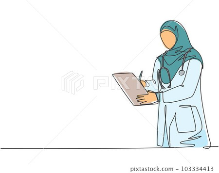 One single line drawing of young Arabian muslimah doctor wearing hijab writing medical report on clipboard at hospital. Medical health care concept continuous line draw design vector illustration One single line drawing of young Arabian muslimah doctor wearing hijab writing medical report on clipboard at hospital. Medical health care concept continuous line draw design vector illustration 103334413