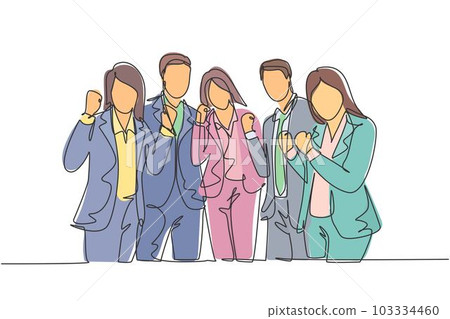One continuous line drawing group of businessman and businesswoman line up neatly and fist hands together. Business teamwork celebration concept single line draw design graphic vector illustration 103334460
