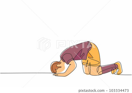 One single line drawing of sporty football player celebrates his goal with sujud of gratitude gesture at field. Match goal celebration concept continuous line graphic draw design vector illustration 103334473