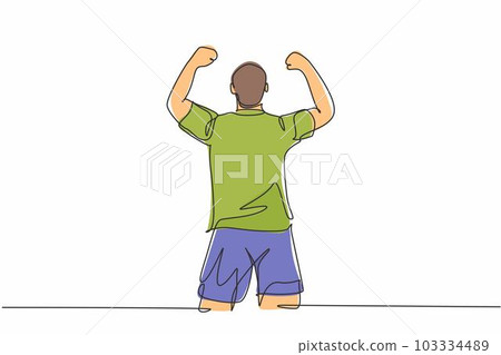 One continuous line drawing of sporty young soccer player raises his fist hands up to the sky emotionally on field. Match goal scoring celebration concept single line draw design vector illustration One continuous line drawing of sporty young soccer player raises his fist hands up to the sky emotionally on field. Match goal scoring celebration concept single line draw design vector illustration 103334489