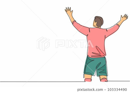 One continuous line drawing of sporty young soccer player spreading his arms and screaming loudly on the field. Match goal scoring celebration concept single line draw design vector illustration One continuous line drawing of sporty young soccer player spreading his arms and screaming loudly on the field. Match goal scoring celebration concept single line draw design vector illustration 103334490