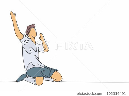 Single continuous line drawing of young sporty soccer player raises his hands up on the field after scoring. Match soccer goal celebration concept one line draw design graphic vector illustration Single continuous line drawing of young sporty soccer player raises his hands up on the field after scoring. Match soccer goal celebration concept one line draw design graphic vector illustration 103334491