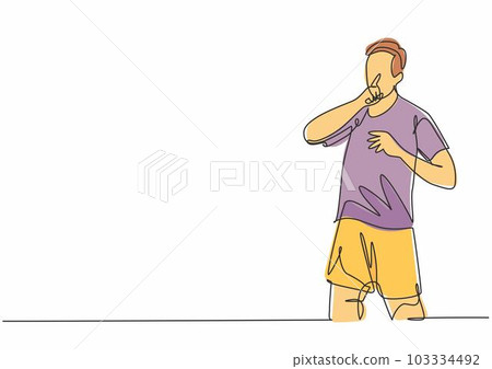 Single continuous line drawing of young sporty soccer player makes quiet gesture with his finger to the rival supporters. Match soccer goal celebration concept one line draw design vector illustration Single continuous line drawing of young sporty soccer player makes quiet gesture with his finger to the rival supporters. Match soccer goal celebration concept one line draw design vector illustration 103334492