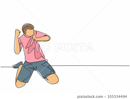 One continuous line drawing of young soccer player kissing the badge on his jersey and raises fist hand to the sky. Match goal scoring celebration concept single line draw design vector illustration One continuous line drawing of young soccer player kissing the badge on his jersey and raises fist hand to the sky. Match goal scoring celebration concept single line draw design vector illustration 103334494