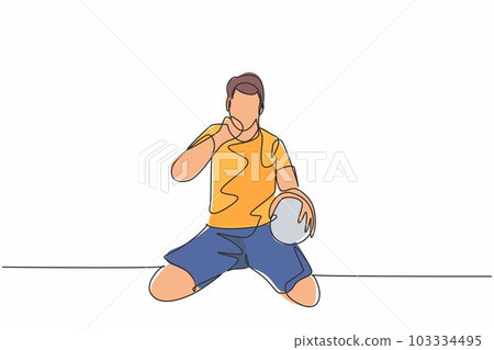 One continuous line drawing of young soccer player keeps the ball on hand and punch fist to the sky to celebrate the goal. Goal scoring celebration concept single line draw design vector illustration One continuous line drawing of young soccer player keeps the ball on hand and punch fist to the sky to celebrate the goal. Goal scoring celebration concept single line draw design vector illustration 103334495