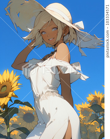 一位身穿白色連衣裙、頭戴草帽、面帶微笑、背景是向日葵和藍天的女士 103334571