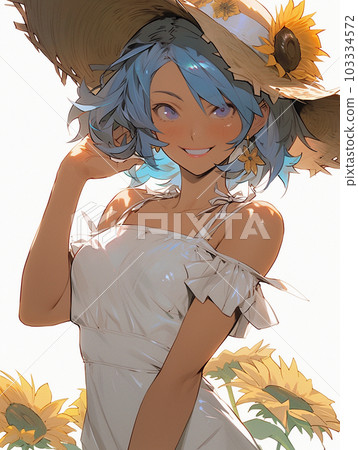 一位身穿白色連衣裙、頭戴草帽、面帶微笑、背景是向日葵和藍天的女士 103334572