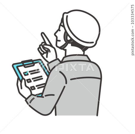 Vector illustration material of a worker wearing a helmet pointing a finger while looking at a checklist / check / inspection Vector illustration material of a worker wearing a helmet pointing a finger while looking at a checklist / check / inspection 103334575