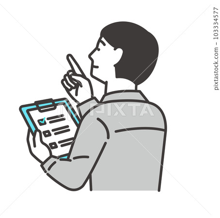 Vector illustration material of a worker pointing a finger while looking at a checklist / check / explanation / inspection 103334577