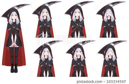 Cute girl facial expression set wearing a shinigami style costume 103334597
