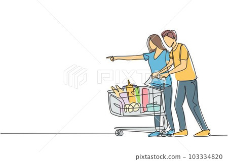 Single continuous line drawing happy young couple pushing trolley when shopping daily goods at supermarket. Buying monthly organic product concept. One line draw vector graphic design illustration Single continuous line drawing happy young couple pushing trolley when shopping daily goods at supermarket. Buying monthly organic product concept. One line draw vector graphic design illustration 103334820