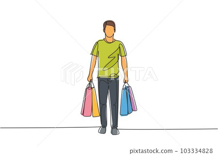 Single continuous line drawing young happy man walking and holding paper bags after buying personal needs at mall. Business shopping concept. One line draw vector graphic design illustration Single continuous line drawing young happy man walking and holding paper bags after buying personal needs at mall. Business shopping concept. One line draw vector graphic design illustration 103334828