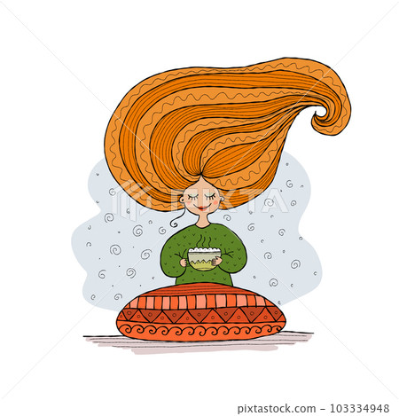 Pretty girl with coffee mug. Morning time concept. Cozy illustration for your design Pretty girl with coffee mug. Morning time concept. Cozy illustration for your design 103334948