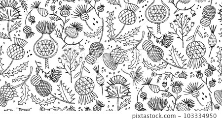 Milk Thistle flowers. Silymarin. Vector botanical illustration. Seamless pattern for your design Milk Thistle flowers. Silymarin. Vector botanical illustration. Seamless pattern for your design 103334950
