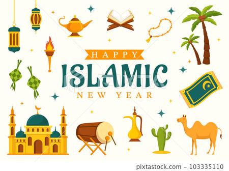 Happy Muharram Vector Illustration with Celebrating Islamic New Year in Flat Cartoon Hand Drawn Landing Page Background Templates 103335110