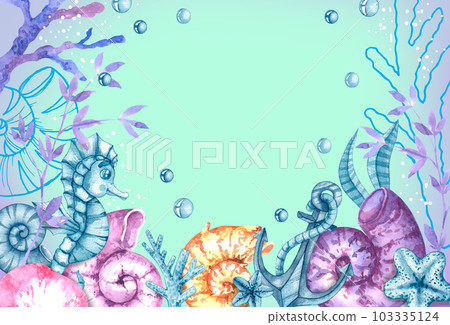 Watercolor background image with marine life, sand castle, seashells, corals on a bright background 103335124