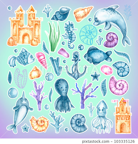 Watercolor underwater inhabitants on a bright background 103335126