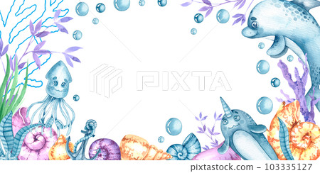 Watercolor frame with marine life, sand castle, seashells, corals on a white background 103335127