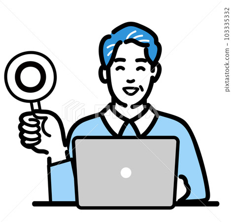 Smiling middle-aged man sitting in front of a laptop and holding a circle tag Smiling middle-aged man sitting in front of a laptop and holding a circle tag 103335332